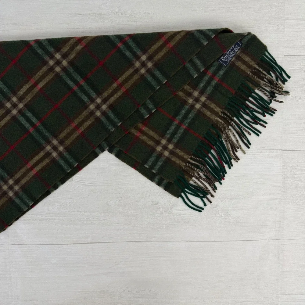 Vintage Burberry Cashmere Scarf Unisex Green Plaid Nova Check Heritage Luxury
